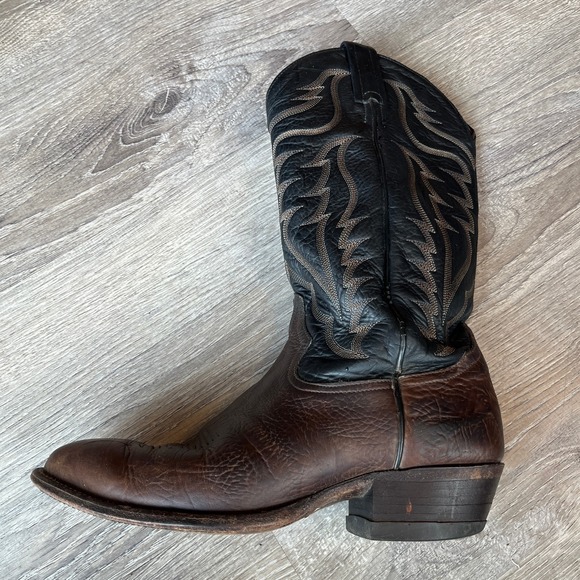 VTG Tony Lama Taurus Cowboy Boots Chocolate Two-Tone Leather #6171 Mens 8.5 D - Picture 4 of 13